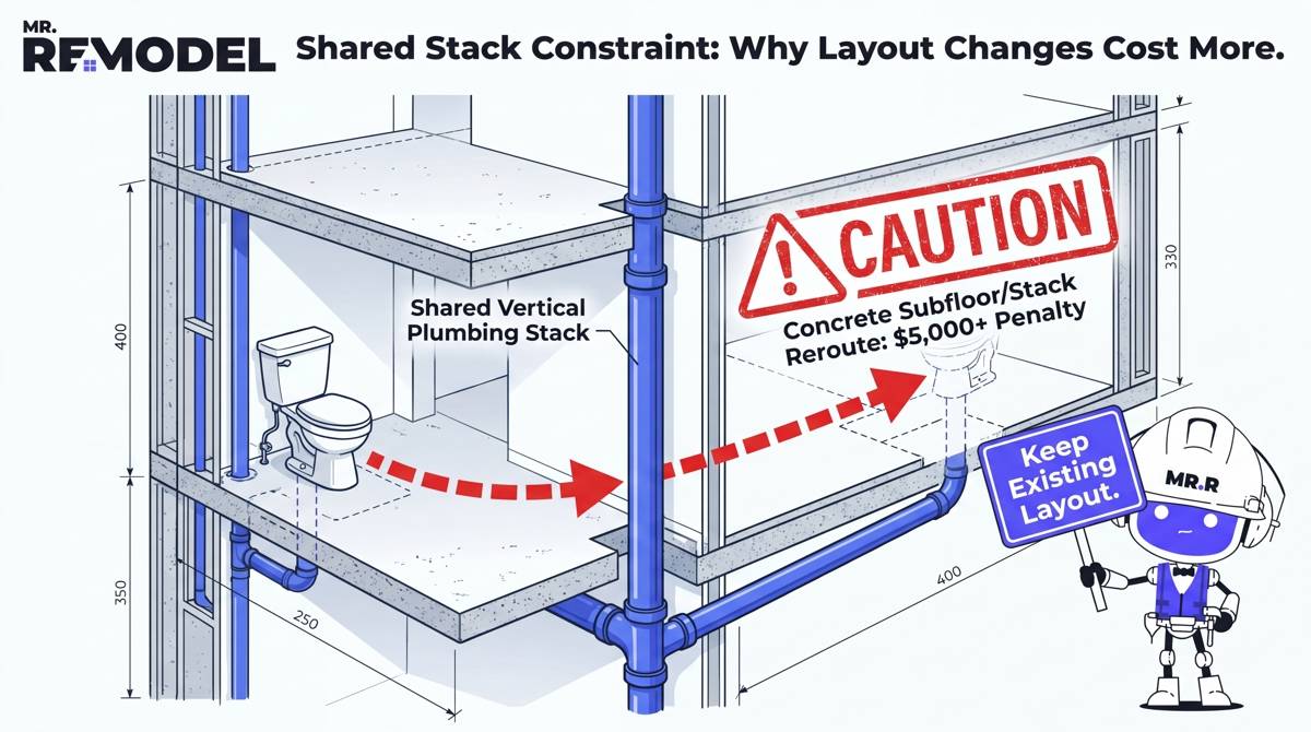 A technical diagram explaining the $5,000 structural penalty for moving plumbing in buildings with concrete subfloors and shared vertical stacks.